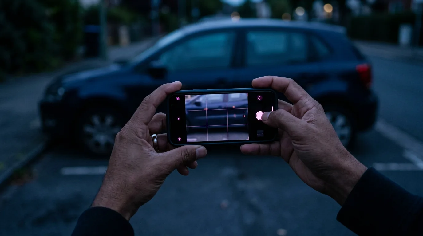 1200x675px Smartphone mit Kameramodus vor einem geparkten Fahrzeug, dokumentarisch
