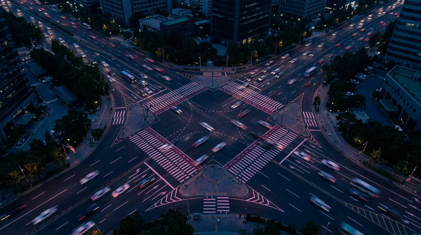 1200x675px Verkehrsszene aus der Vogelperspektive, neutral, ohne Kennzeichen im Fokus