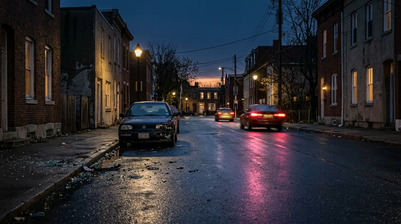 1200x800px Abendlicht auf einer Straße nach einem kleinen Schaden, neutral, dokumentarisch