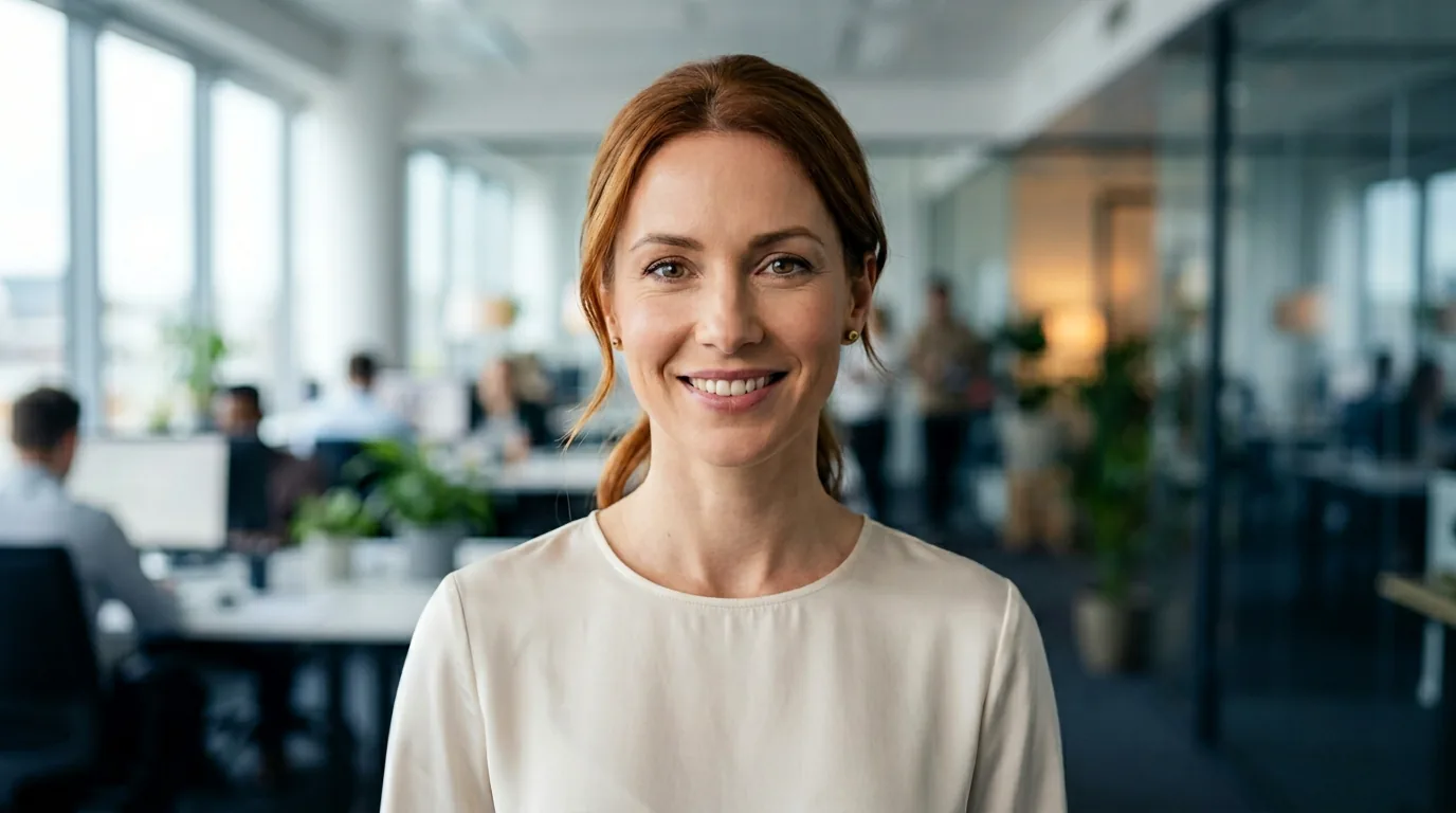 400x400px Porträt Julia Hoffmann, Redakteurin Fachinhalte, klarer Ausdruck, modernes Büro